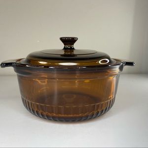 Vintage Anchor Hocking Ribbed 1436 Brown Amber Glass 1 Qu baking dish with Lid